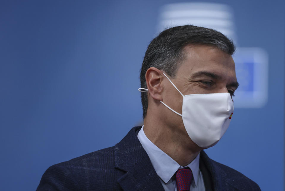 Spanish Prime Minister Pedro Sanchez arrives for an EU summit at the European Council building in Brussels, Friday, June 25, 2021. EU leaders are discussing the economic challenges the bloc faces due to coronavirus restrictions and will review progress on their banking union and capital markets union. (Aris Oikonomou, Pool Photo via AP)