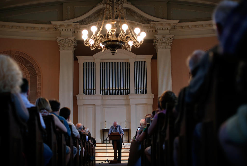 Sen. Bernie Sanders delivers remarks at a town meeting at the South Church in Portsmouth, New Hampshire on May 27, 2015.