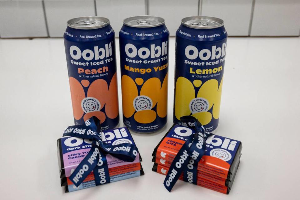 Davis-based Oobli’s sweet iced tea and dark chocolate, photographed on Aug. 4, 2023, use protein from a West African plant as a sweetener.