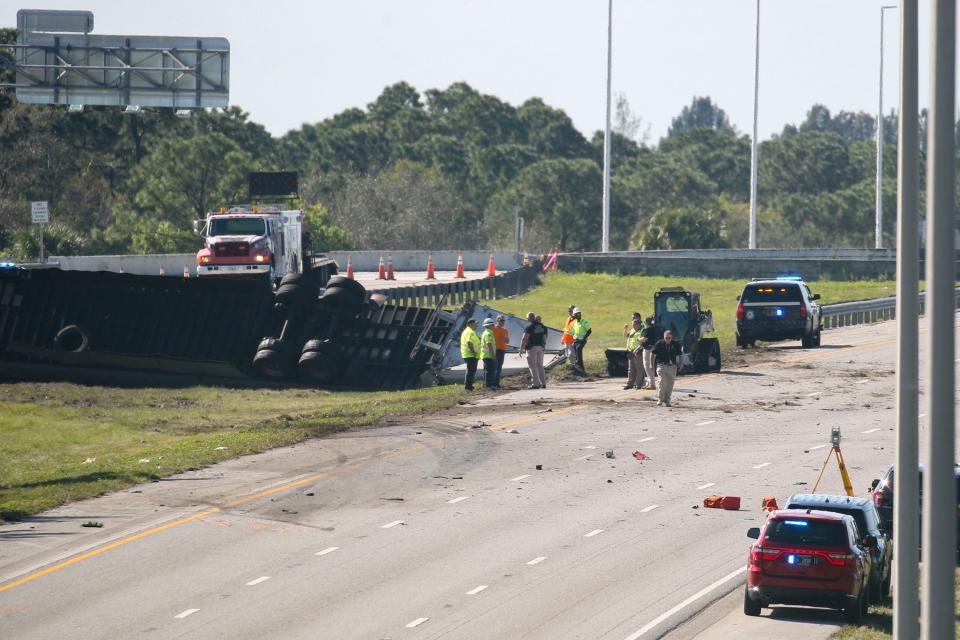 Scenes of I-95 south bound where investigators are documenting the scene of a crash involving Highway Patrol Trooper Zachary Fink, Friday, Feb. 2, 2024, in St. Lucie County. Fink was in pursuit of a fleeing felon, when the felon made a U-turn and Fink crashed into a semi-truck was also involved in the crash, FHP officials said. The truck driver died at the scene. Fink, 26, was taken to HCA Lawnwood Hospital in Fort Pierce, where he died.