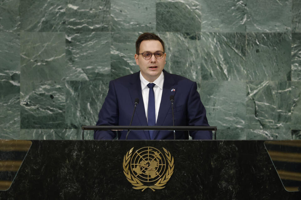 Foreign Minister of the Czech Republic Jan Lipavsky addresses the 77th session of the United Nations General Assembly, at U.N. headquarters, Wednesday, Sept. 21, 2022. (AP Photo/Jason DeCrow)