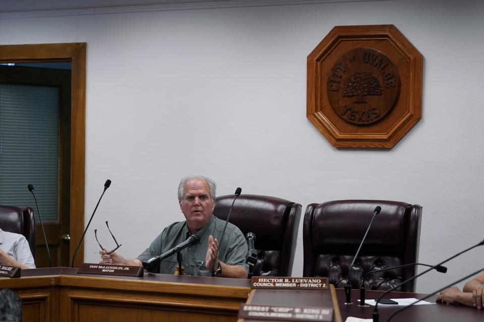 Uvalde Mayor Don McLaughlin, Jr., speaks during a special emergency city council meeting to reissue the mayor's declaration of local state of disaster due to the recent school shooting at Robb Elementary School, Tuesday, June 7, 2022, in Uvalde, Texas.. (AP Photo/Eric Gay)