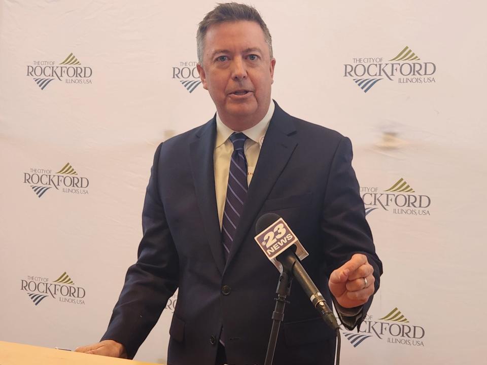 UW Health SwedishAmerican CEO Travis Andersen answers questions during a news conference March 27, 2024, at Rockford City Hall.