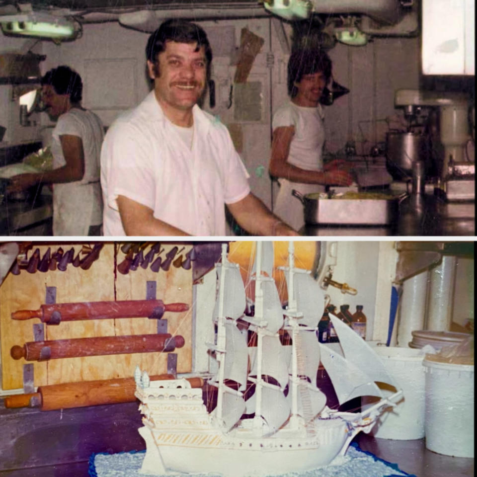 Giuseppe's father as a young man, with a cake boat