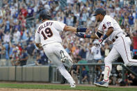 Minnesota Twins' Alex Kirilloff scores the winning run and celebrates with Luis Arraez the win over the Baltimore Orioles in the ninth inning of a baseball game Saturday, July 2, 2022, in Minneapolis. The Twins won 4-3. (AP Photo/Bruce Kluckhohn)