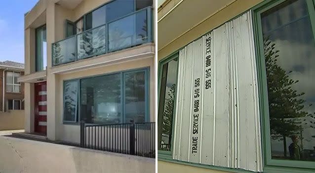 This home in Melbourne was left with about $150,000 worth of damage over the weekend. (Left) Before and (right) after one of the front windows was smashed. Source: Airbnb/ 7 News