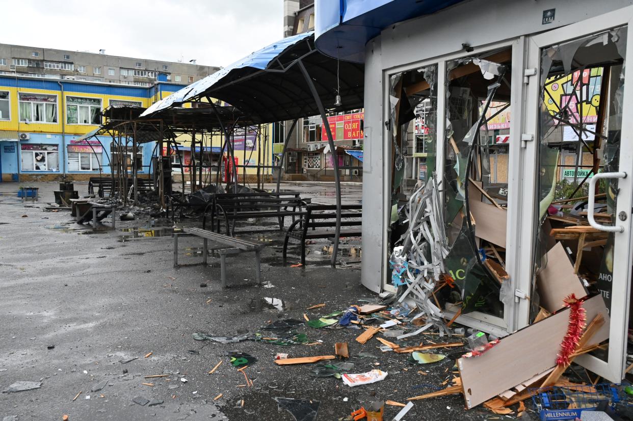 This picture shows destroyed shopping pavilions at a bus station in the town of Chuhuiv, Kharkiv region, on Friday.