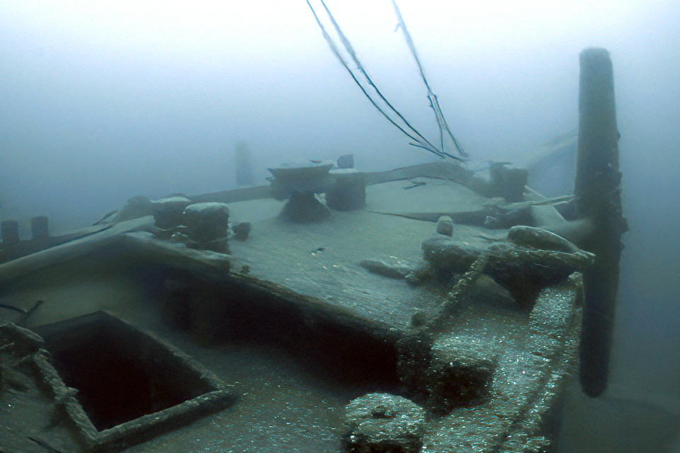 In this image taken from video provided by the Thunder Bay National Marine Sanctuary, the bow of the Ironton is seen in Lake Huron off Michigan's east coast in a June 2021 photo. Searchers have found the long-lost Great Lakes ship that came to a tragic end. Officials with the sanctuary in Alpena, Mich,, say they've located the Ironton, a freight schooner that plunged to the bottom of Lake Huron in 1894. The Ironton collided with another vessel in rough seas. Reports at the time said the seven-member crew scrambled into a lifeboat but it was tethered to the ship and pulled down. Five crewmen died. (Thunder Bay National Marine Sanctuary via AP)