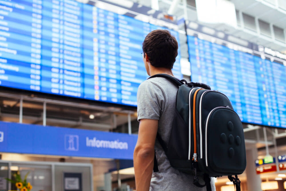 Passenger looks at airport arrivals/ departures board