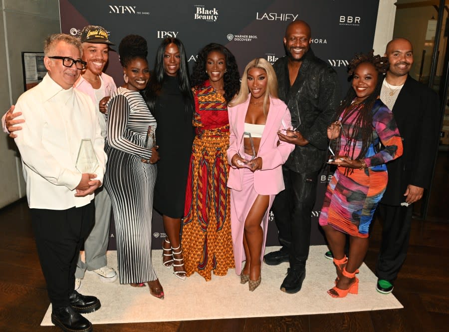 (Left to right) Tym Buacharern, Vernon François, Danessa Myricks, Sheika Daley, Maude Okrah Hunter, Jackie Aina, Yancey Edwards, Akua Robinson and Miles Jeffries attend the Black Beauty Roster Excellence Awards Luncheon, presented by Lashify, at NYFW: The Shows at Spring Studios on September 08, 2023 in New York City. (Photo by Bryan Bedder/Getty Images for IMG Fashion)