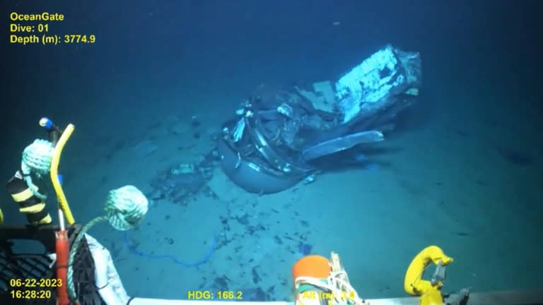 US Coast Guard footage shows the twisted wreckage of the Titan, which imploded as during a trip to explore the remains of the Titanic in 2023 (Handout)