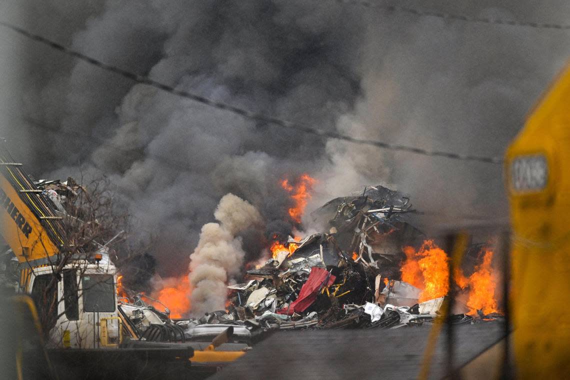 The heat from a fire at Advantage Metals in Kansas City, Kansas, was too intense for firefighters to stand nearby, forcing them to either attack the fire from a distance or use a ladder to spray water from above the blaze.