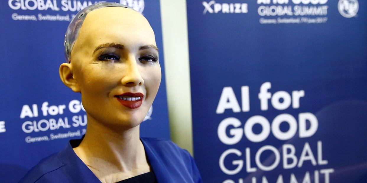 Sophia, a robot integrating the latest technologies and artificial intelligence developed by Hanson Robotics is pictured during a presentation at the