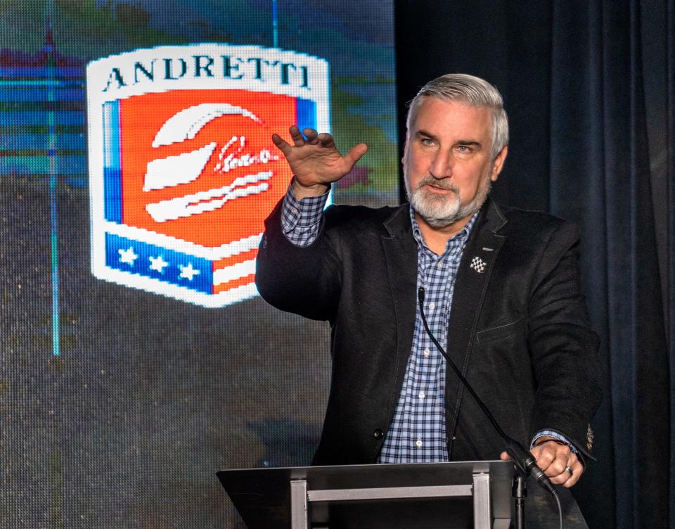 Governor Eric Holcomb speaks during the groundbreaking event for the new Andretti Global motorsports headquarters facility Tuesday, Dec. 6, 2022 in Fishers.