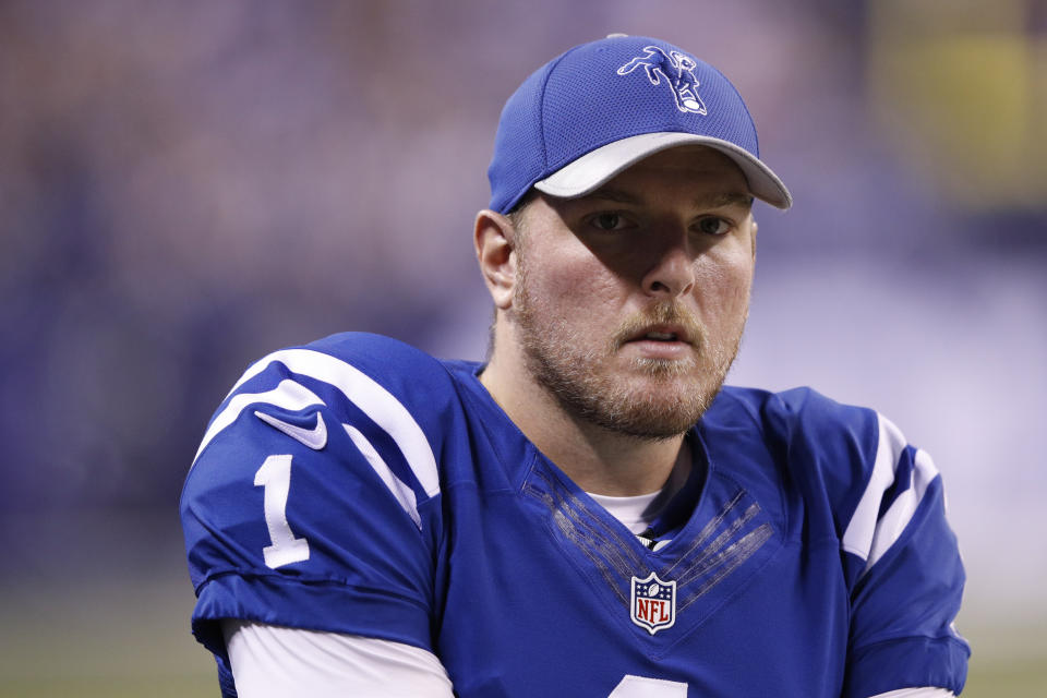 INDIANAPOLIS, IN - NOVEMBER 24: Pat McAfee #1 of the Indianapolis Colts looks on against the Pittsburgh Steelers during the game at Lucas Oil Stadium on November 24, 2016 in Indianapolis, Indiana. The Steelers defeated the Colts 28-7. (Photo by Joe Robbins/Getty Images)