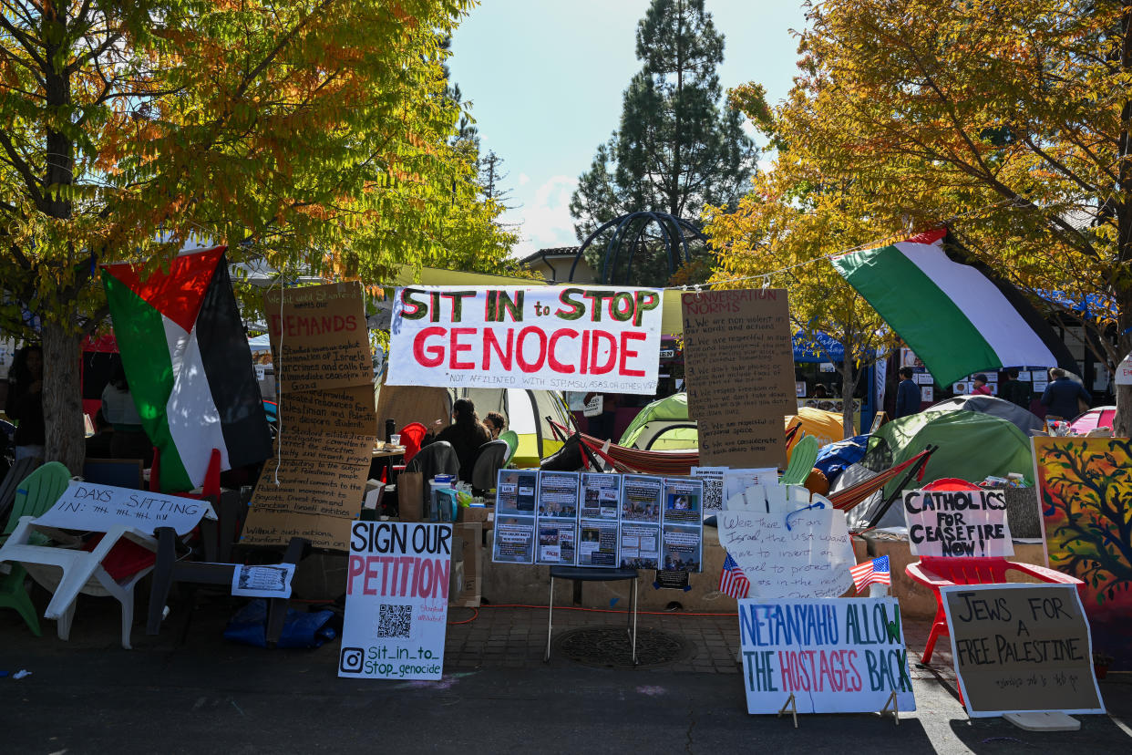 Dozens of Stanford students protesting the war have been participating in a weeks-long, on campus sit-in, as seen here on Nov. 7. (Tayfun Cokun/Anadolu via Getty Images)