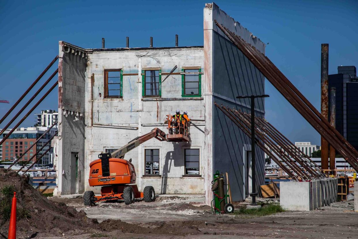 Only a few walls, supported by long metal rods, remain of the historic Royal Poinciana Playhouse Aug. 10 as workers continue the renovation project.