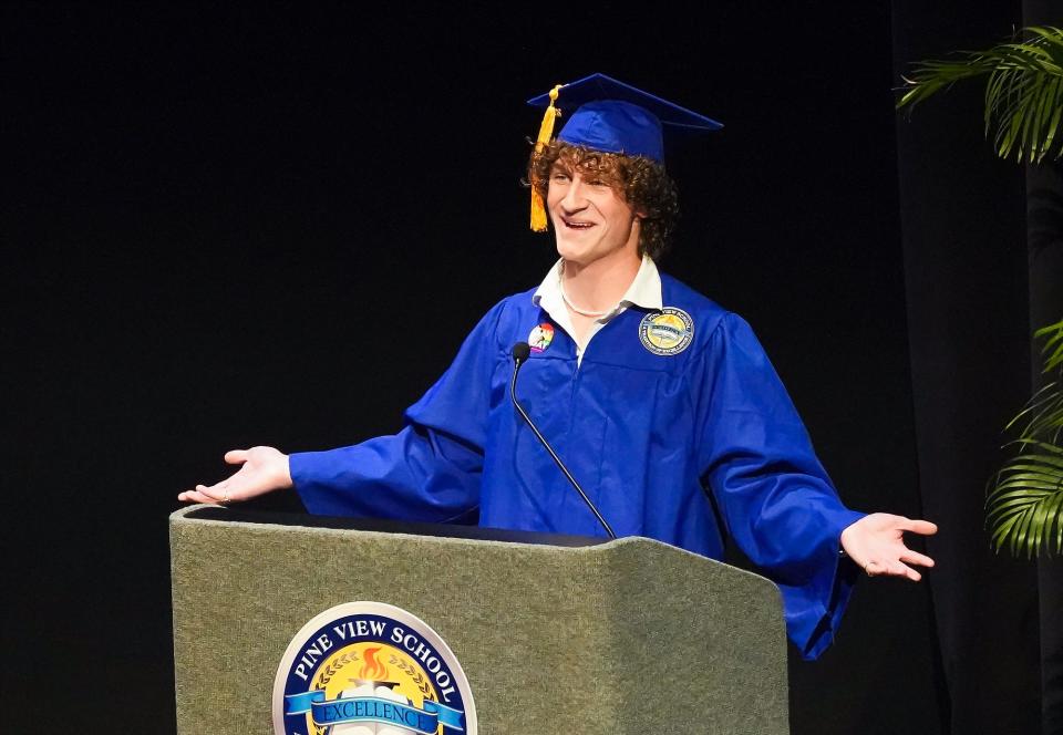 Pine View School graduate and class president Zander Moricz delivers his commencement speech at Van Wezel Performing Arts Hall in Sarasota on Sunday.