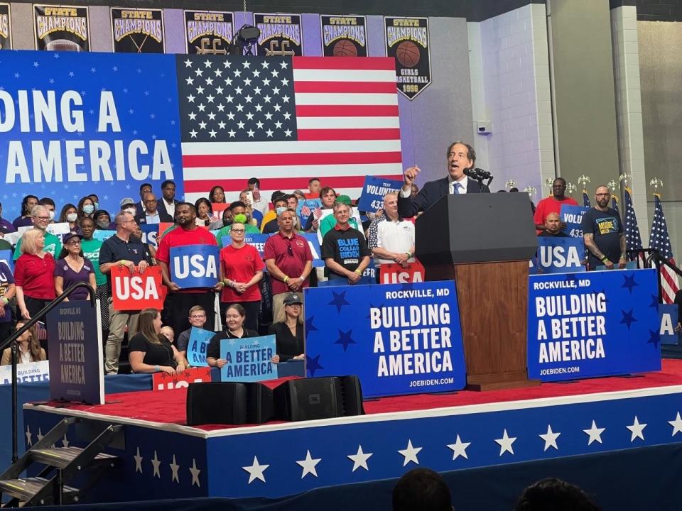 In this file photo, Maryland U.S. Rep. Jamie Raskin, D-8th, speaks at a rally in Rockville, Maryland on August 25, 2022.