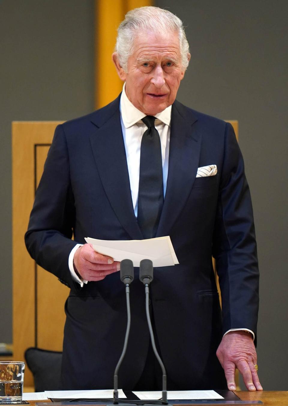 King Charles III speaks after receiving a Motion of Condolence at the Senedd, following the death of Queen Elizabeth II