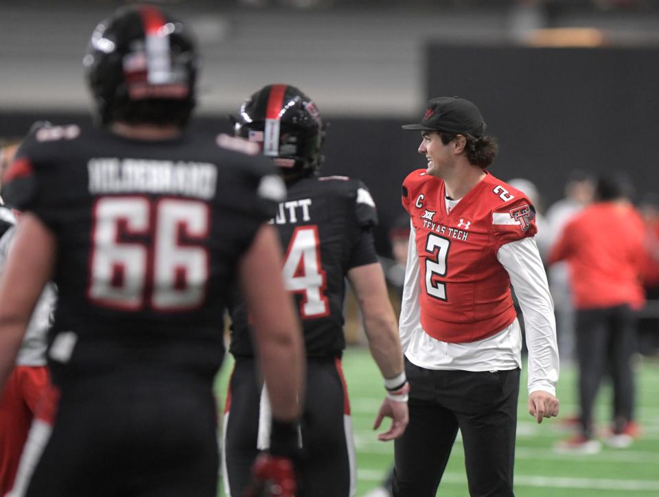 Texas Tech quarterback Behren Morton (2) served as a non-playing team captain during the Red Raiders' spring game on Saturday at the Sports Performance Center. Morton missed the last three weeks of spring practice rehabbing the grade-3 AC joint sprain he played through for most of last season.