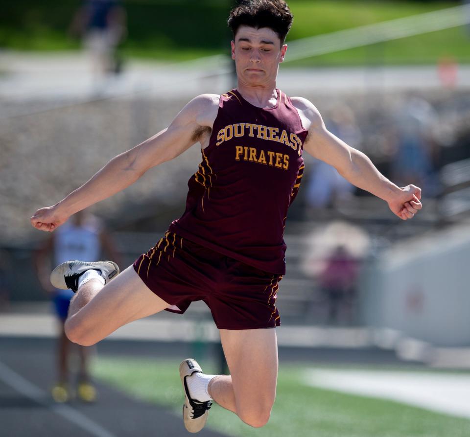 Caden Bailey of Southeast finished ninth in the long jump at the Division II regional at Austintown Fitch on Thursday.