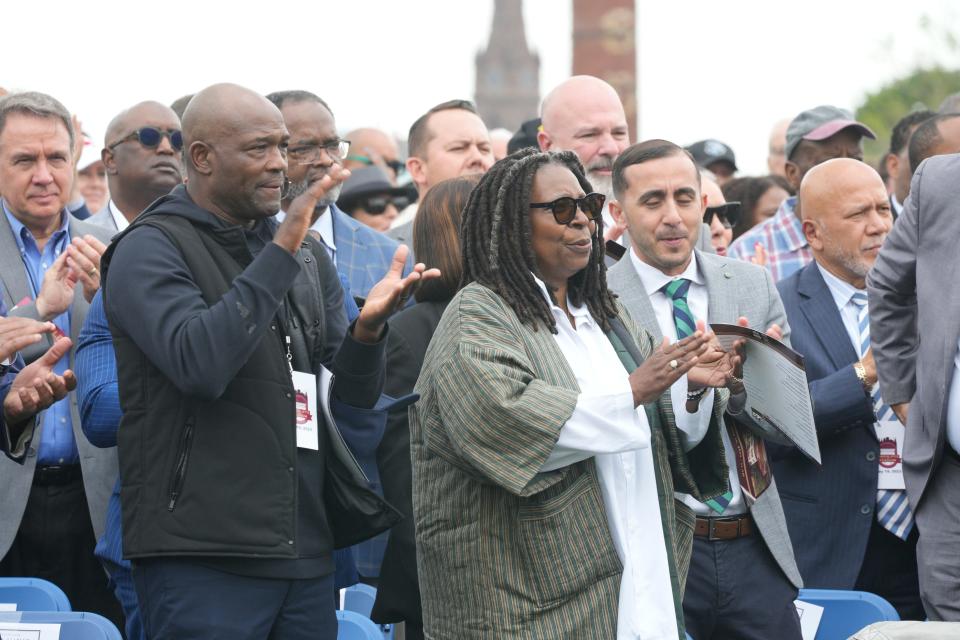 Harold Reynolds stand next to Whoopi Goldberg at the event. After years of neglect and abandonment Hinchliffe Stadium is being unveiled at a ribbon cutting in Paterson, NJ on Friday May 19, 2023. 