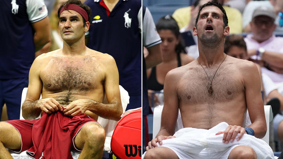 Roger Federer and Novak Djokovic both removed their shirts because of the heat. Image: Getty