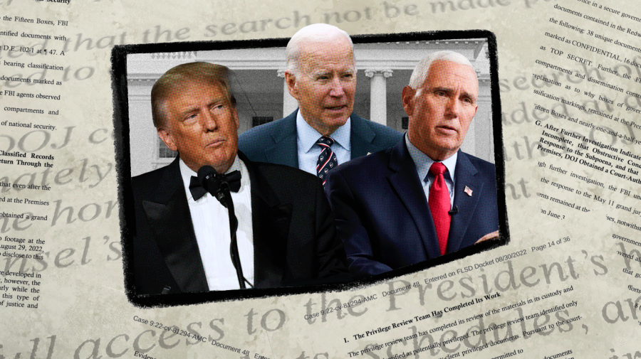 Photo illustration of classified document and letter text with Donald Trump, Joe Biden and Mike Pence in a center rectangle with a black-and-white White House behind them.