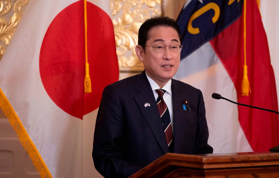 Japanese Prime Minister Fumio Kishida addresses a luncheon in his honor on Friday, April 12, 2024 at the Executive Mansion in Raleigh, N.C. Robert Willett/rwillett@newsobserver.com