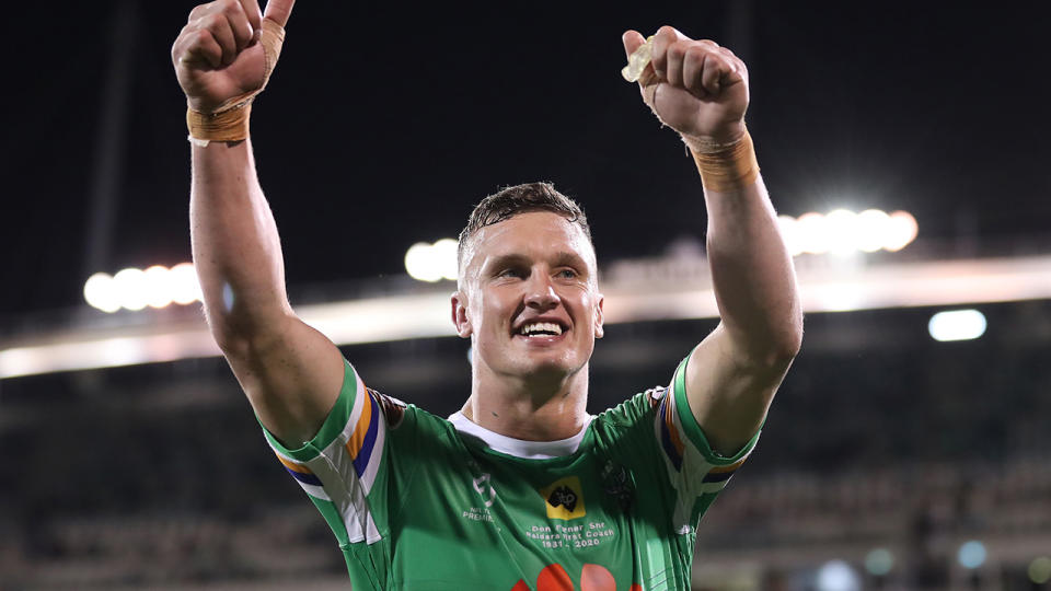 Canberra's Jack Wighton is pictured celebrating after winning an NRL match.