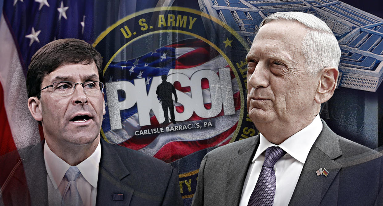 Army Secretary Mark Esper (left) and Defense Secretary Jim Mattis. (Photo-illustration: Yahoo News; photos: Chip Somodevilla/Getty Images, AP, PKSOI, Yasin Ozturk/Anadolu Agency/Getty Images)