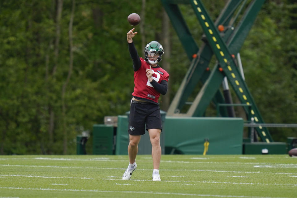 New York Jets' quarterback Zach Wilson throws during a drill at the NFL football team's training facility in Florham Park, N.J., Tuesday, May 24, 2022. (AP Photo/Seth Wenig)