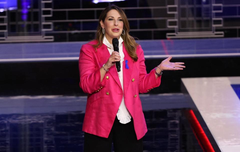 Republican National Committee Chair Ronna McDaniel speaks before the candidates come on stage at the third Republican presidential debate of the 2024 election season (REUTERS)