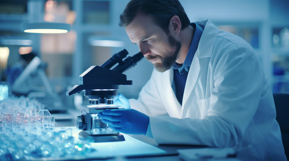 A biotechnology researcher in a lab coat looking through a microscope at a petri dish containing living tumor cells.