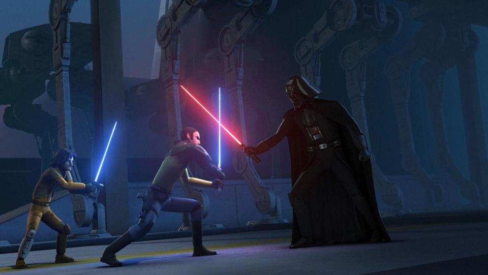 Darth Vader fights Kanan and Ezra in the Rebels season two opening two parter. 