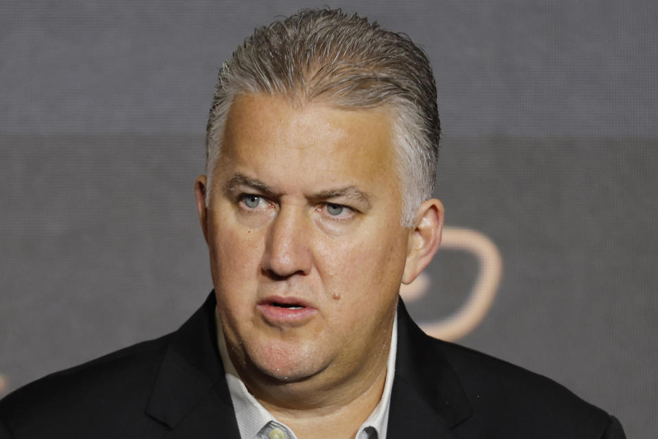 FILE - Purdue head coach Matt Painter speaks during Big Ten NCAA college basketball Media Days Tuesday, Oct. 10, 2023, in Minneapolis. Painter is the AP All-Big Ten coach of the year in voting released Tuesday, March 12, 2024. (AP Photo/Bruce Kluckhohn, File)