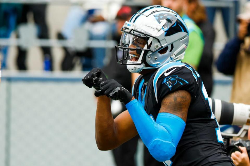 Carolina Panthers wide receiver DJ Chark Jr. (17) celebrates after catching a touchdown pass against the Seattle Seahawks during the second quarter at Lumen Field.