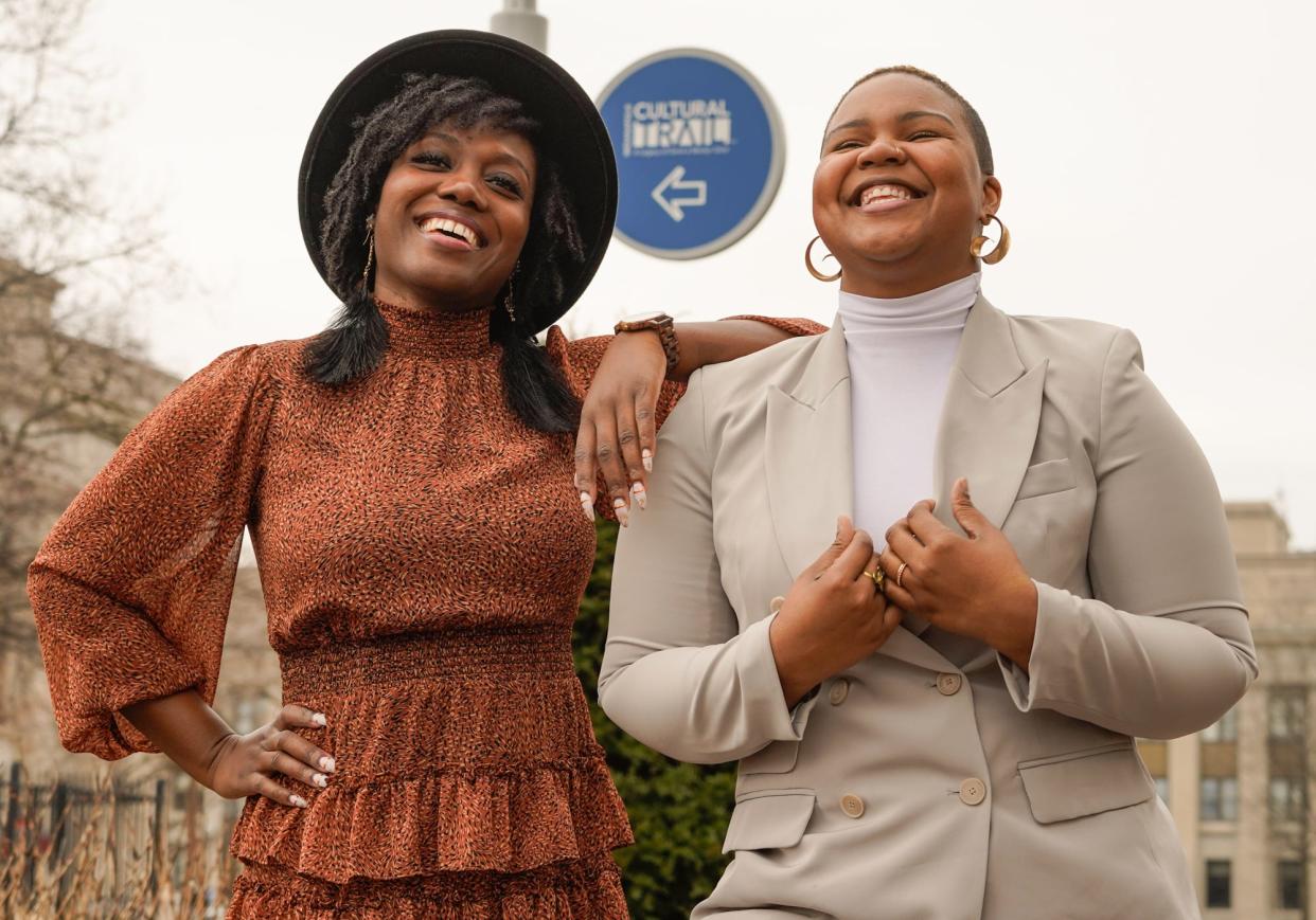 From left, LaKesha Lorene, a Founder and Producing Director at Naptown African American Theatre Collective Inc., and board member Mariah Ivey, the Programs and Outreach Manager at Madam Walker Legacy Center are photographed together on the Cultural Trail in downtown Indianapolis on Tuesday, March 22, 2023. 