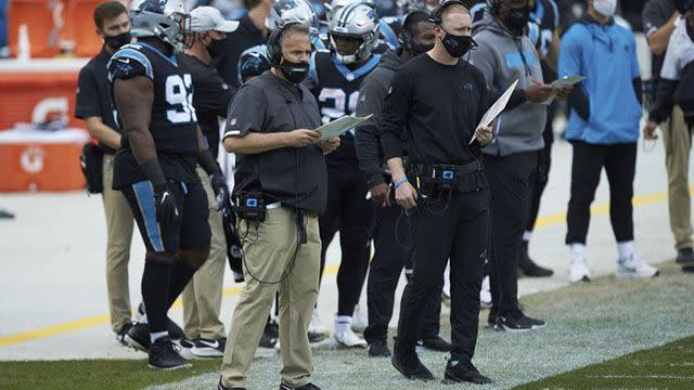 Carolina Panthers head coach Matt Rhule, left, and offensive coordinator Joe Brady watch from the sideline during an NFL football game against the Detroit Lions in Charlotte, N.C., in this, Sunday, Nov. 22, 2020, file photo. (AP Photo/Brian Westerholt, File)