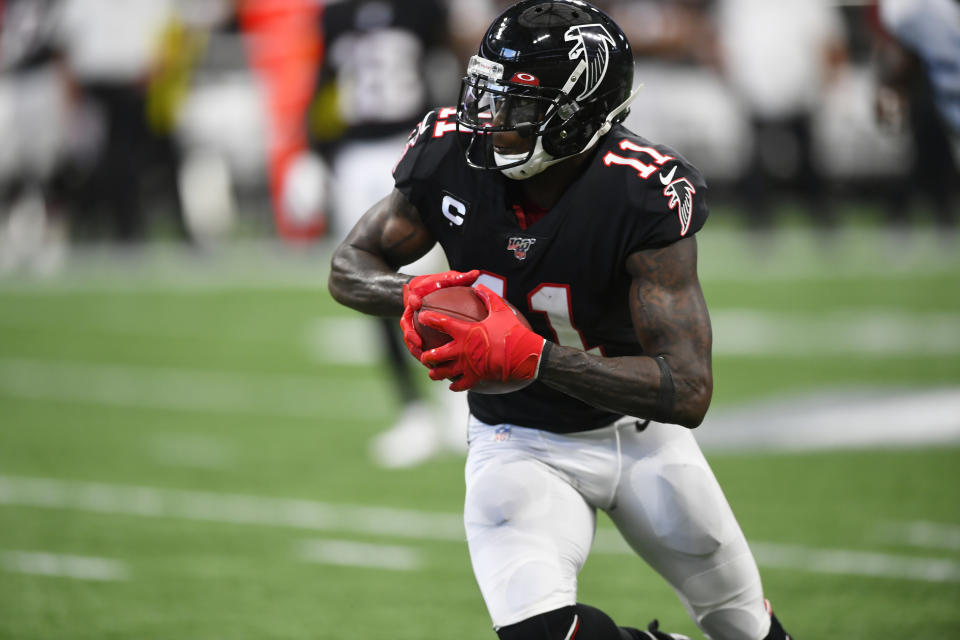 Atlanta Falcons11 runs against the Tennessee Titans during the second half of an NFL football game, Sunday, Sept. 29, 2019, in Atlanta. The Tennessee Titans won 24-10. (AP Photo/John Amis)