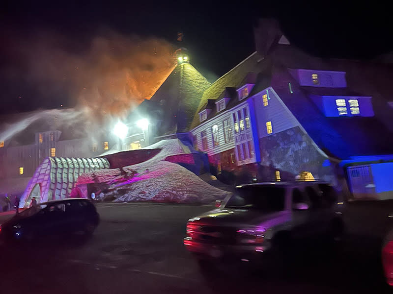 A photo shared by Clackamas Fire shows a blaze in the attic of the Timberline Lodge. (Clackamas Fire)
