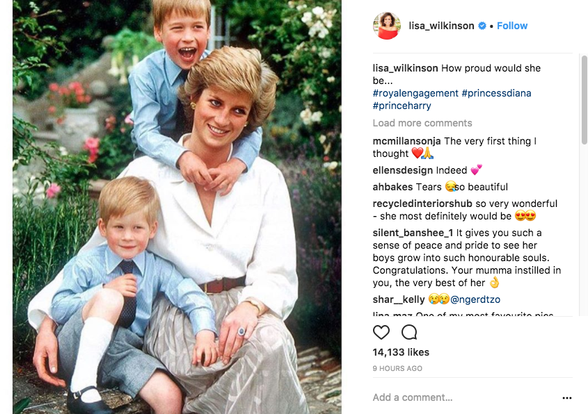 Lisa touchingly remembered Diana in her messages of congratulations for the royals. Source: Instagram