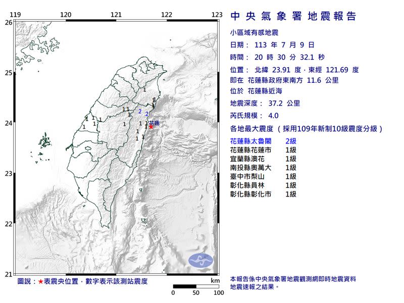 花蓮地震晚上8時30分發生芮氏規模4.0地震。（圖／翻攝自中央氣象署官網）