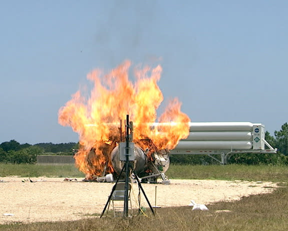 NASA's Morpheus lander prototype in flames during a failed free flight test at the Kennedy Space Center in Cape Canaveral, Fla., on Aug. 9, 2012.