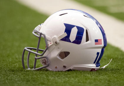 Nov 8, 2014; Syracuse, NY, USA; A Duke Blue Devils helmet sits on the field prior to the game against the Syracuse Orange at the Carrier Dome. (Rich Barnes-USA TODAY Sports)