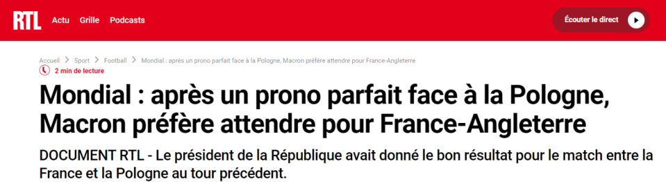 RTL廣播電臺報導，在完美預測對波蘭比賽後，馬克宏在法英比賽上更願意等一等。   圖:翻攝自RTL