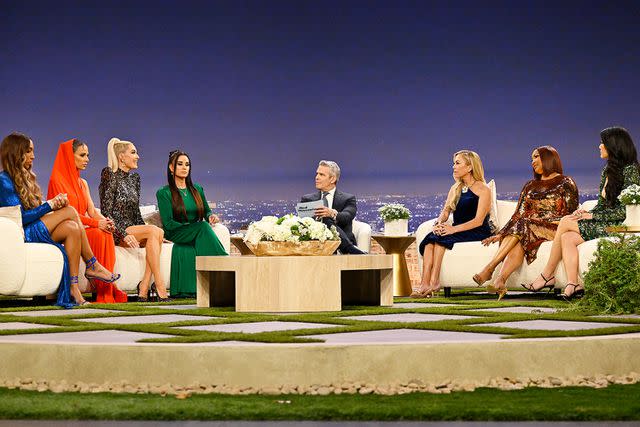 <p>Griffin Nagel/Bravo via Getty</p> Annemarie Wiley, Dorit Kemsley, Erika Jayne, Kyle Richards, Andy Cohen, Sutton Stracke, Garcelle Beauvais, Crystal Kung Minkoff at the 'Real Housewives of Beverly Hills' season 13 reunion