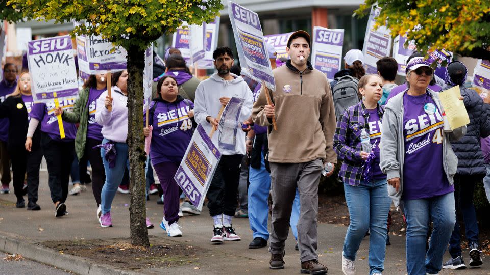 About four thousand members of SEIU (Service Employees International Union) Local 49 struck Kaiser-Permanente facilities around Portland, Oregon on October 4, 2023 as part of a nationwide series of health care strikes. Local grievances reportedly center on staffing and work-load.  - John Rudoff/SIPAPRE/Sipa USA/AP