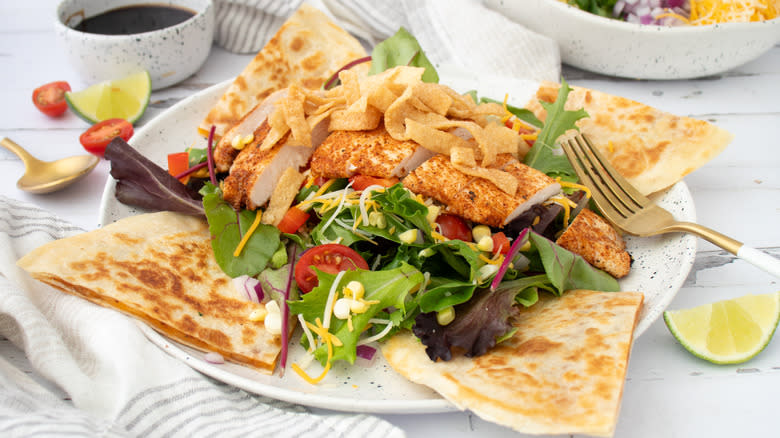 chicken quesadilla salad in bowl